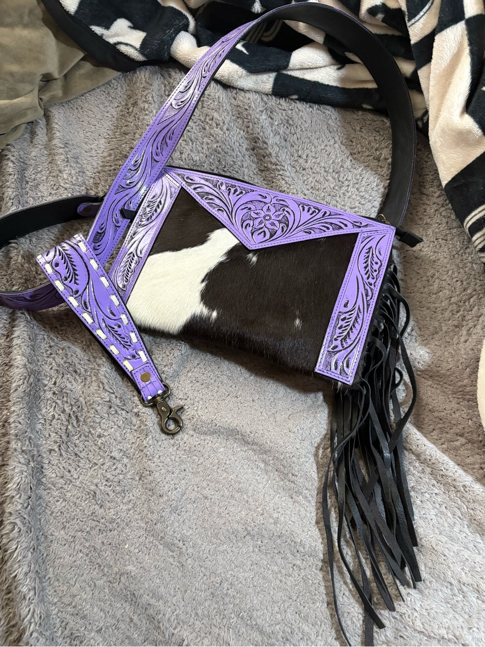 Purple Leather Tooled Cowhide Crossbody Bag with Fringe